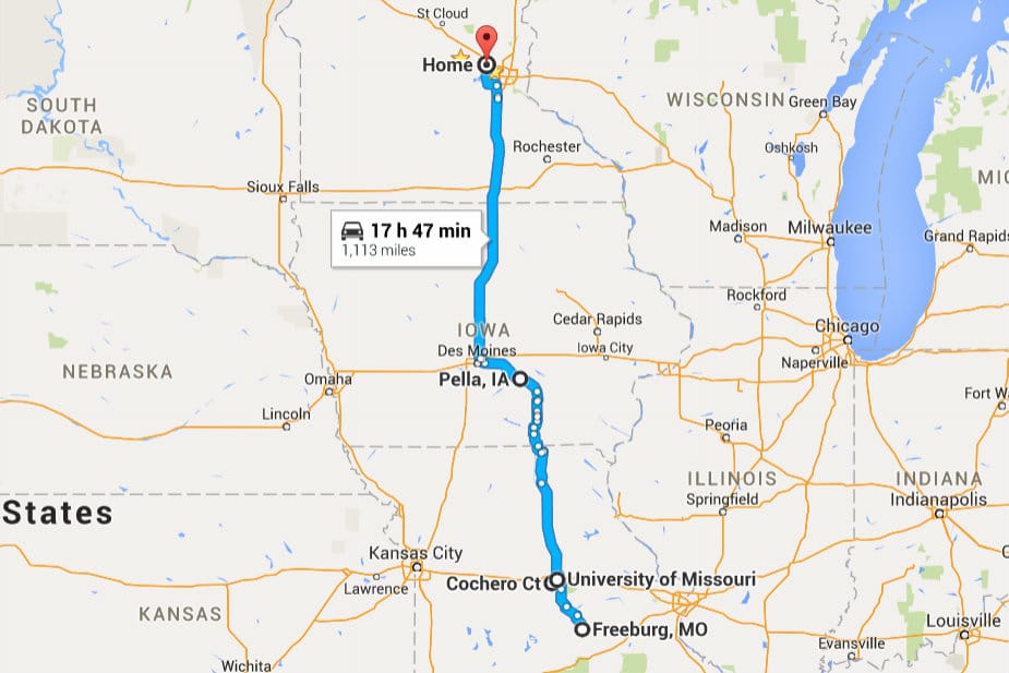 Map between Minnesota and Missouri for the TriZou Triathlon.