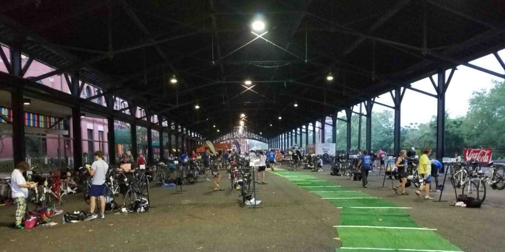 The transition area for the Alabama triathlon was in the historic Union Train Shed at Riverfront Park.