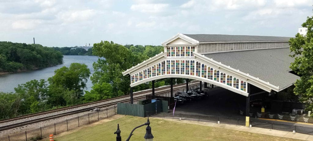 The historic Union Station Train Shed (location of the triathlon transition area) with Alabama River (location for the swim) in the background.