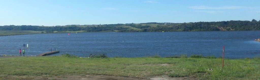 Harmon Lake with triathlon buoys near Mandan North Dakota
