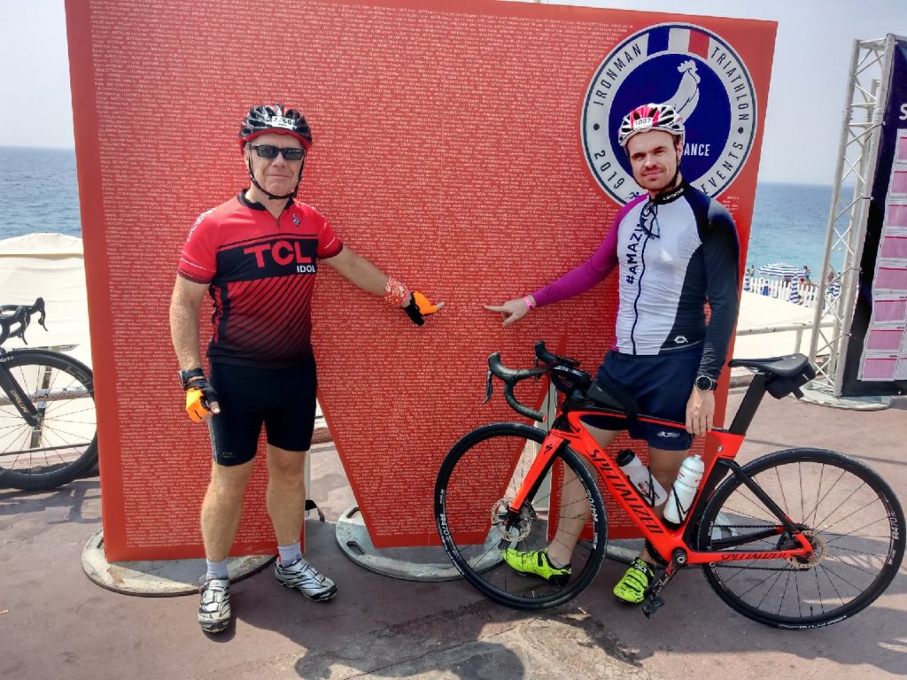 Laurent Labbe and his son at Ironman Nice where he proved a new hydration and nutrition for ironman triathlon