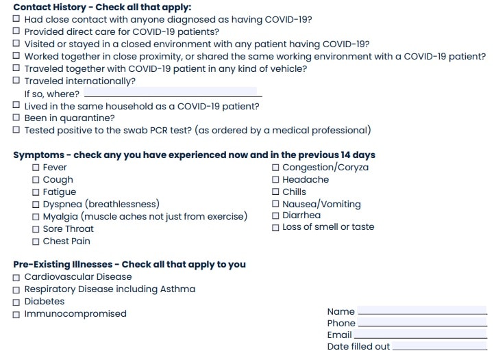 covid-19 portion of USA Triathlon Medical COVID-19 questionnaire
