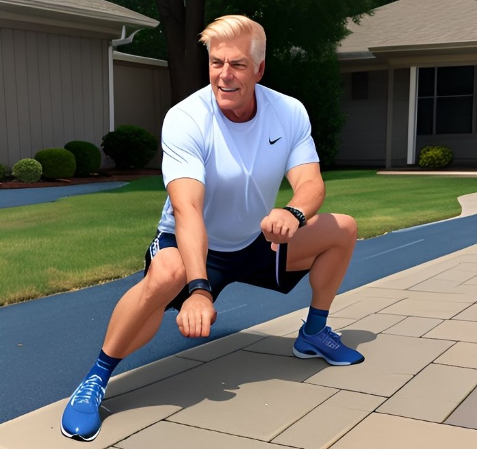 Image of older runner warming up for a run using dynamic stretching