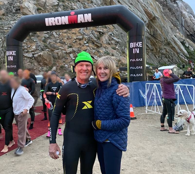 Rick and Elaine Burgess at the 2024 Morro Bay 70.3 swim start.