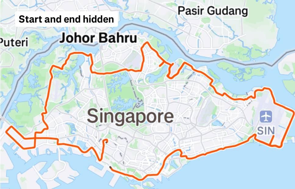 Map showing the 112 mile bike course around Singapore that Mike Battersby used for Ironman training.