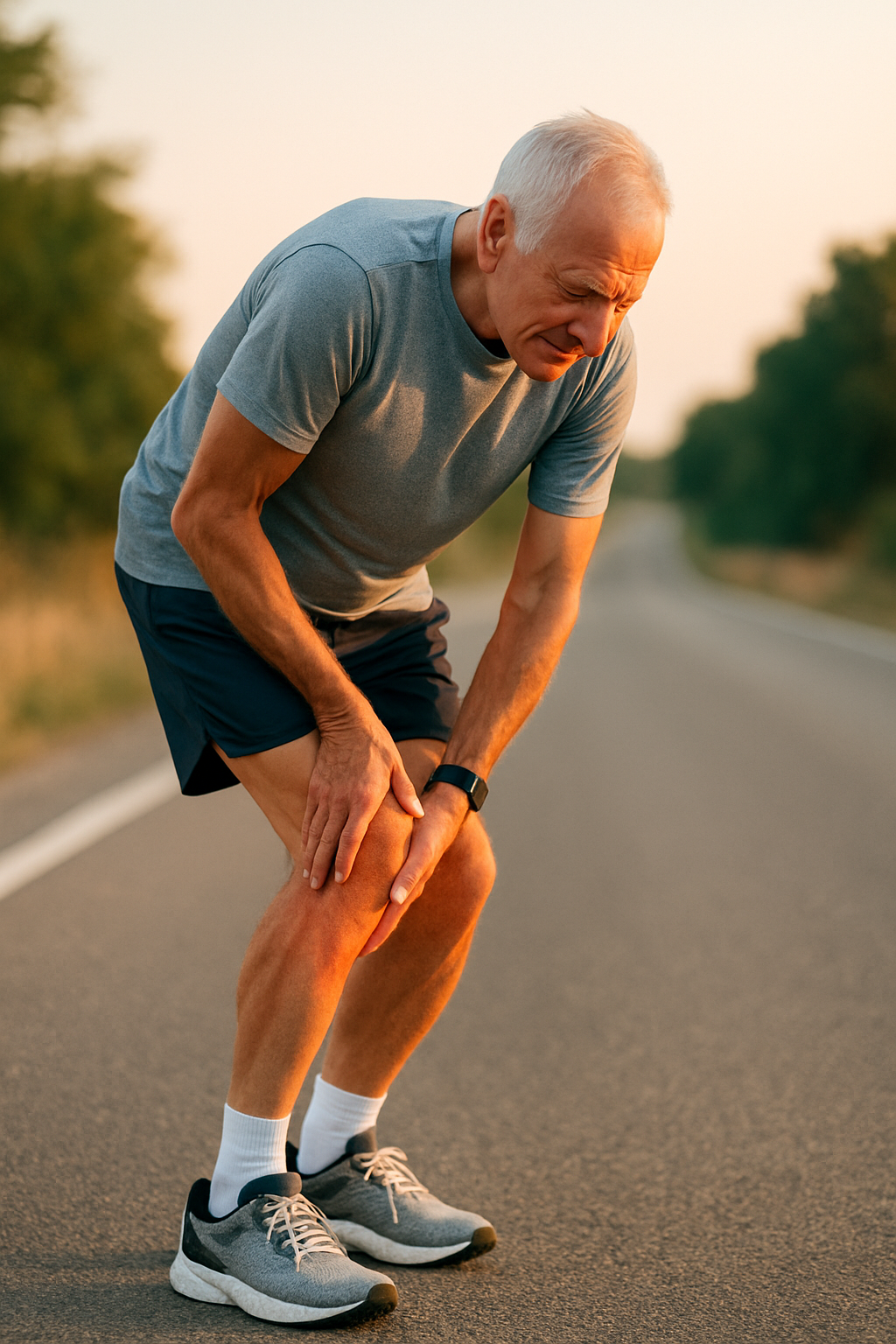 Senior triathlete experiencing an unexpected injury during a training run