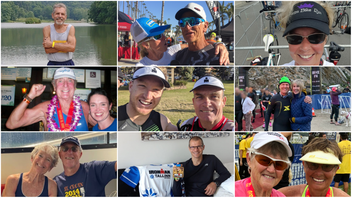 Collage of senior triathletes featured in "The Many Ways We Keep Moving," showing athletes and couples at races and training events.