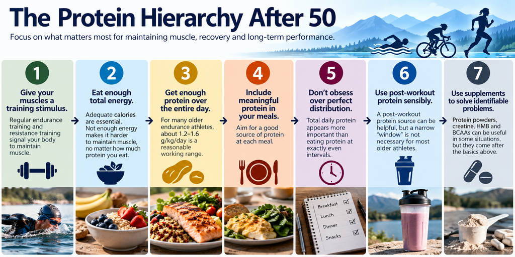 Protein hierarchy for endurance athletes over 50, prioritizing training, adequate energy and daily protein before timing and supplements