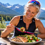 Older female endurance athlete eating a protein-rich meal after cycling