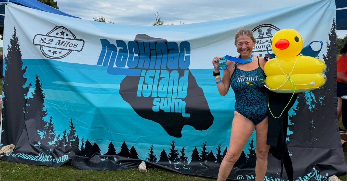 Hilary Topper with her yellow duck tow buoy at the Mackinac Island open-water swim